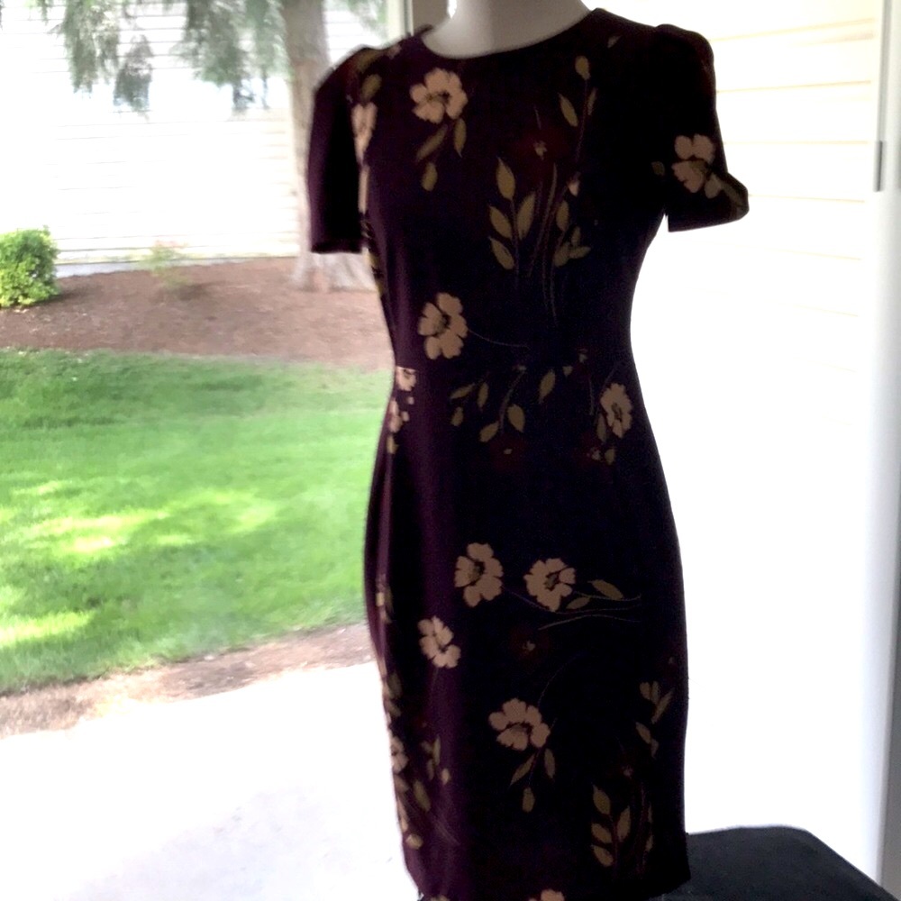 Women’s CALVIN KLEIN Plum Floral Print Casual Bodycon Midi Sheath Dress Sz 10 - Picture 2 of 12
